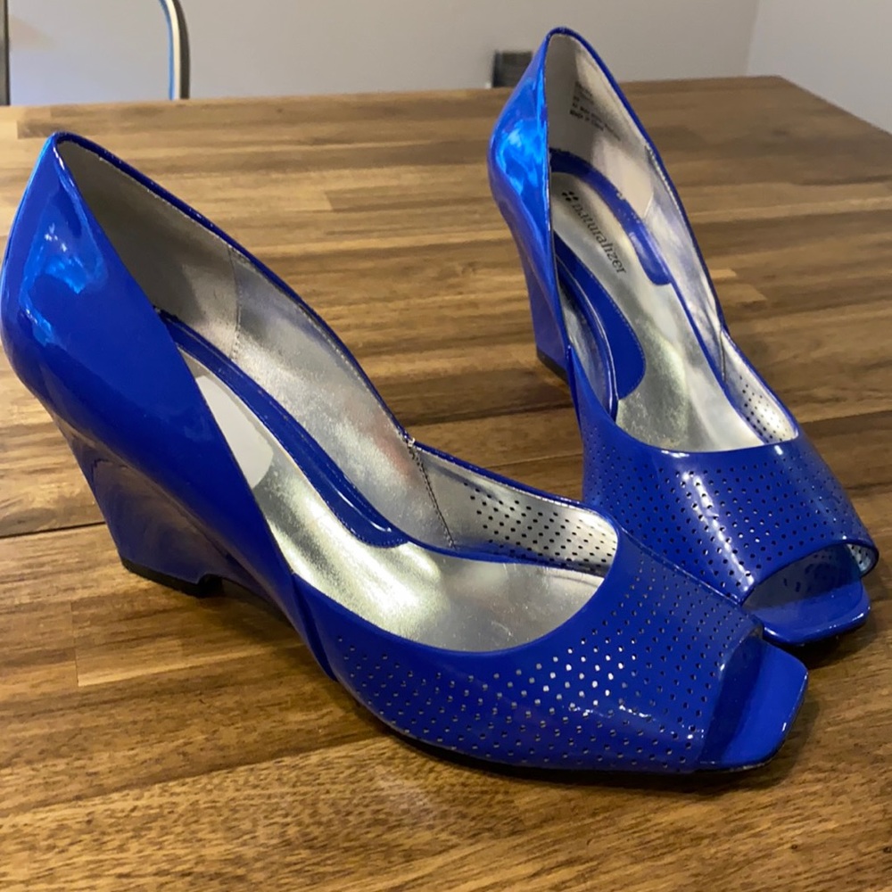 Neon Blue Patent Leather Wedges
